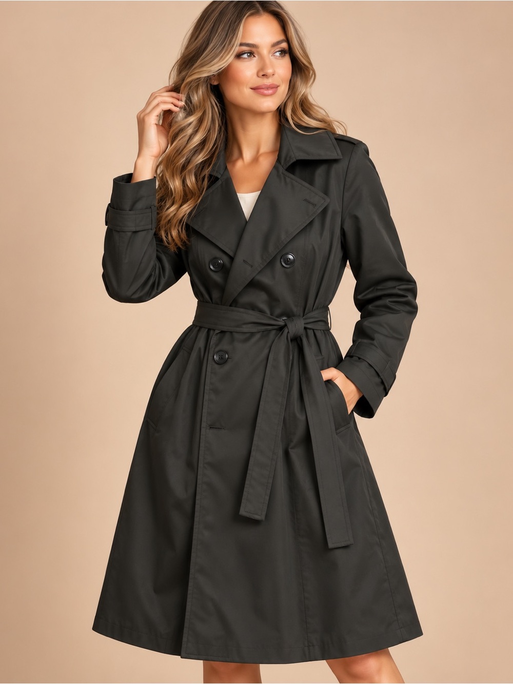 Esprit Women's Black Double-Breasted Trench Coat with Belt